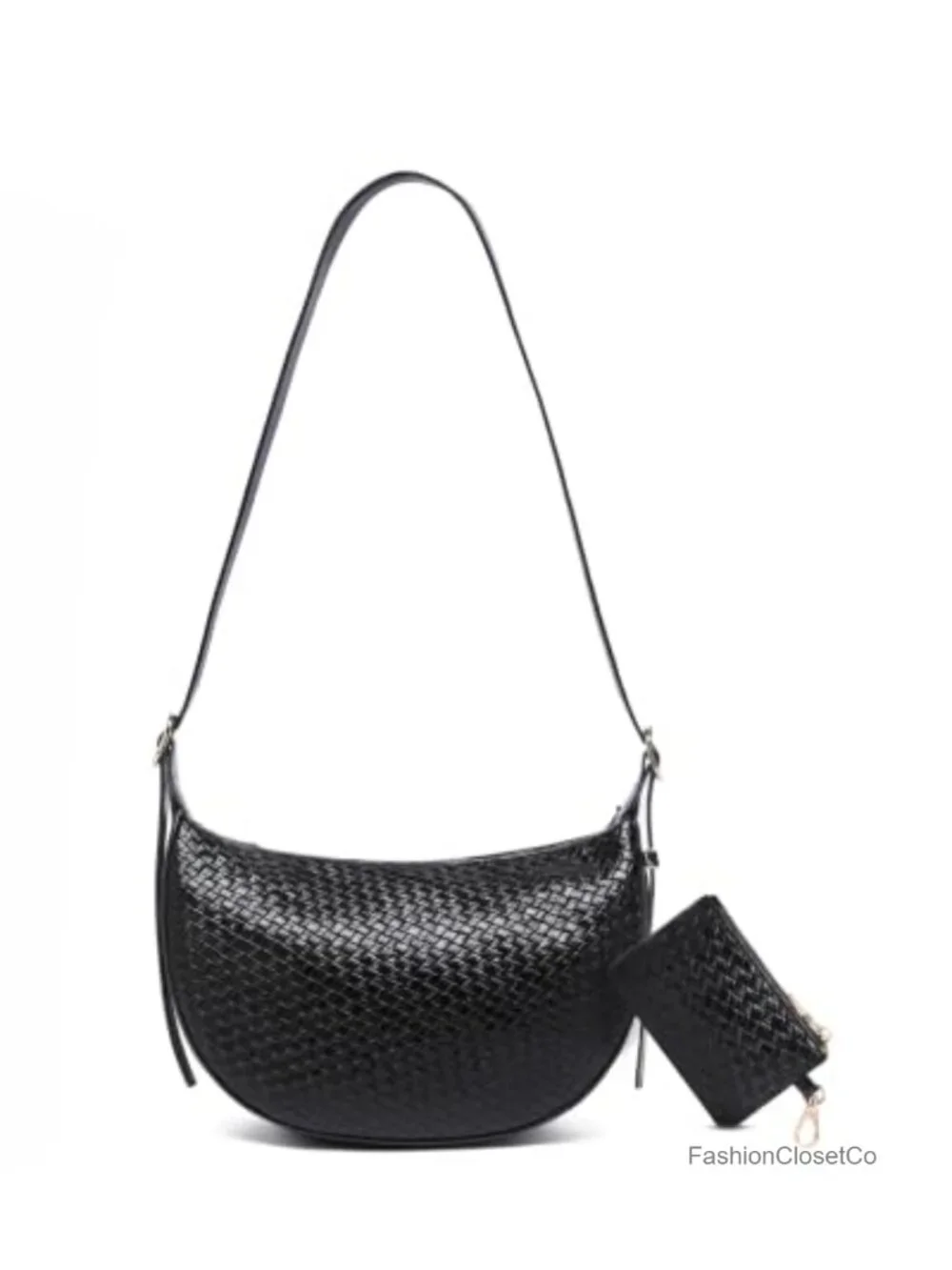 Woven Crescent Shoulder Bag 2PC Vegan Leather Hobo Crossbody Handbag with Small